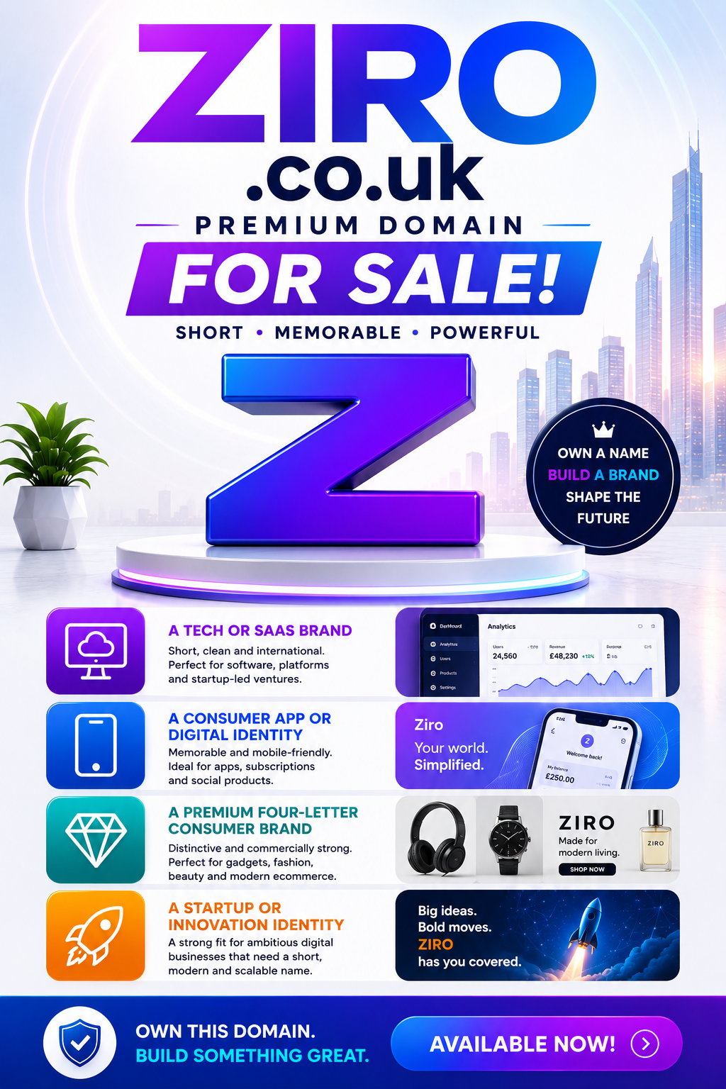 Promotional graphic for ZIRO.co.uk with futuristic branding, startup visuals and premium domain for sale styling.
