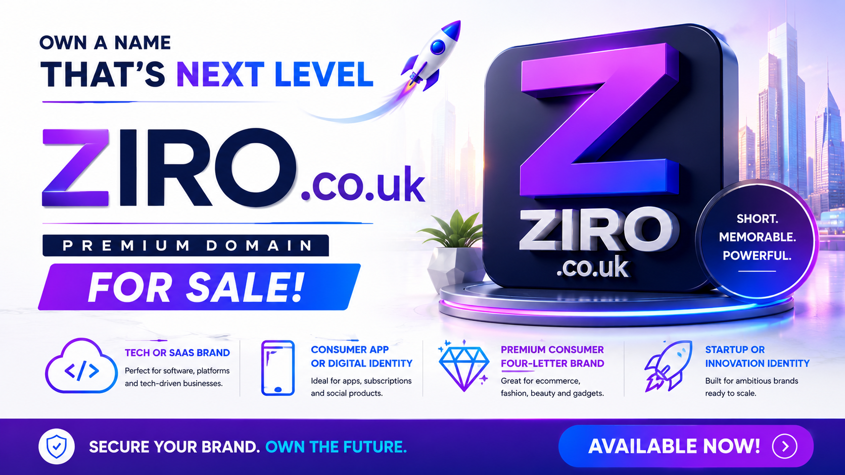 Promotional graphic for ZIRO.co.uk with futuristic branding, startup visuals and premium domain for sale styling.
