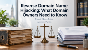 Brass balance scales between aged archive files and modern documents on a desk, illustrating a guide to reverse domain name hijacking and domain disputes.