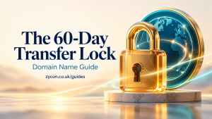 A glowing digital globe secured by an amber padlock illustrates the 60-day domain transfer lock.